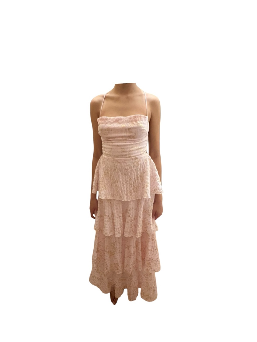 Lucy in the Sky Blush Metallic Floral Tiered Lace Up Back Maxi Dress Small - Picture 2 of 10